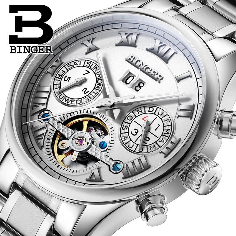 Jam tangan mekanik pria keren Switzerland BINGER men's watch luxury brand Tourbillon sapphire