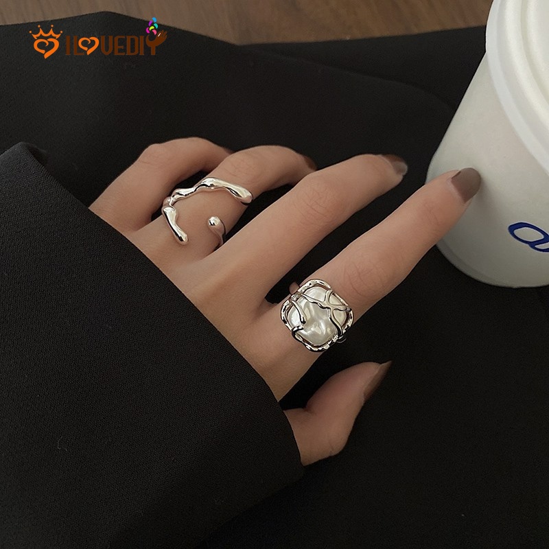 Cincin Wanita Model Terbuka Desain Geometri Asimetris Hias Mutiara Adjustable Untuk Pesta Pernikahan