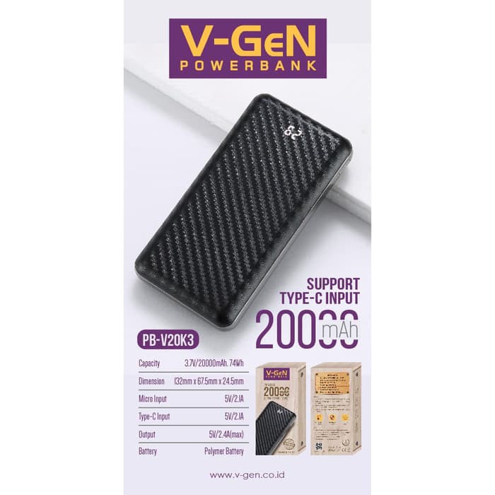 Powerbank V-GeN V20K3 20000 mAh Type C MicroUSB Input Power Bank VGEN