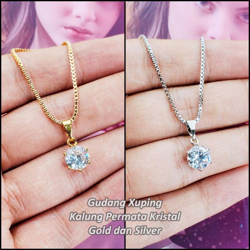 Kalung Stainless Steel Sepuhan Permata Kristal Gold dan Silver