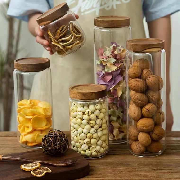 Toples Kaca/Toples Makanan Ringan Tutup Kayu Wadah Makanan Kedap Udara/Acacia Wooden Airtight Jar