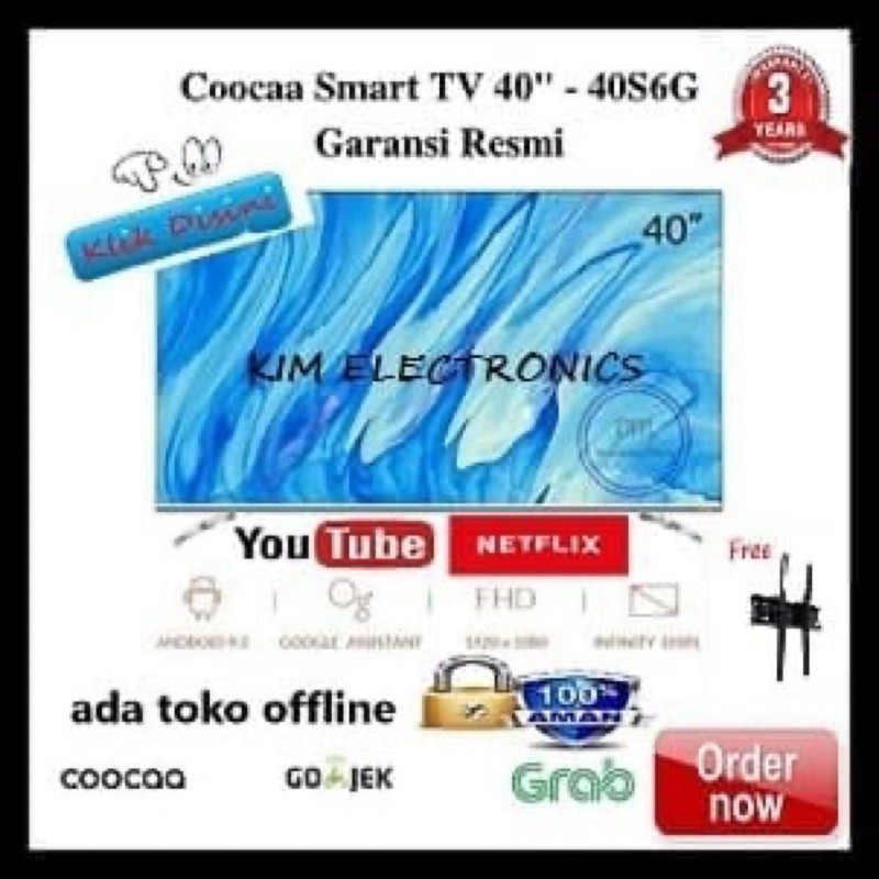 COOCAA LED TV 40S6G SMART ANDROID 9.0 NETFLIX FHD 40 Inch + BREKET TV