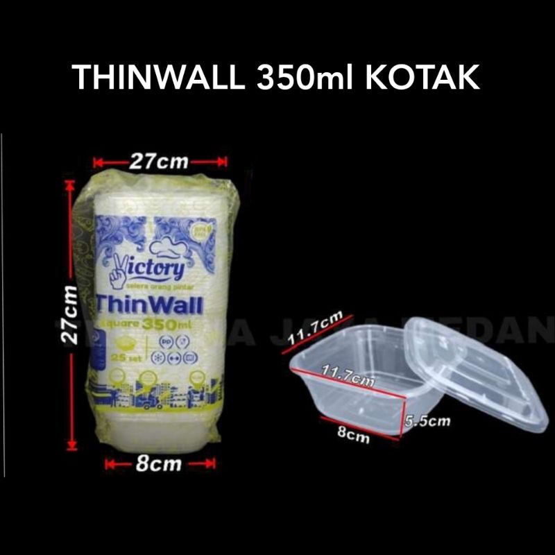 (25pc) Thinwall 350ml KOTAK persegi box tempat makan mika tipis tutup salad buah cod Slop