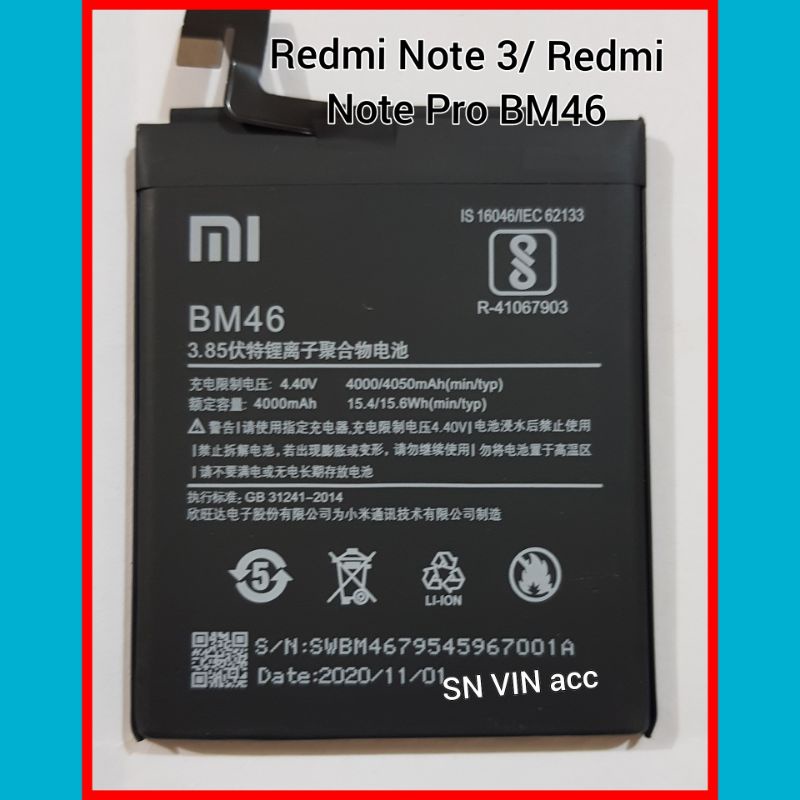 Baterai Batre Xiaomi Redmi Note 3 Note 3Pro BM46 ORIGINAL Baterai Battery Redmi Note 3 Pro
