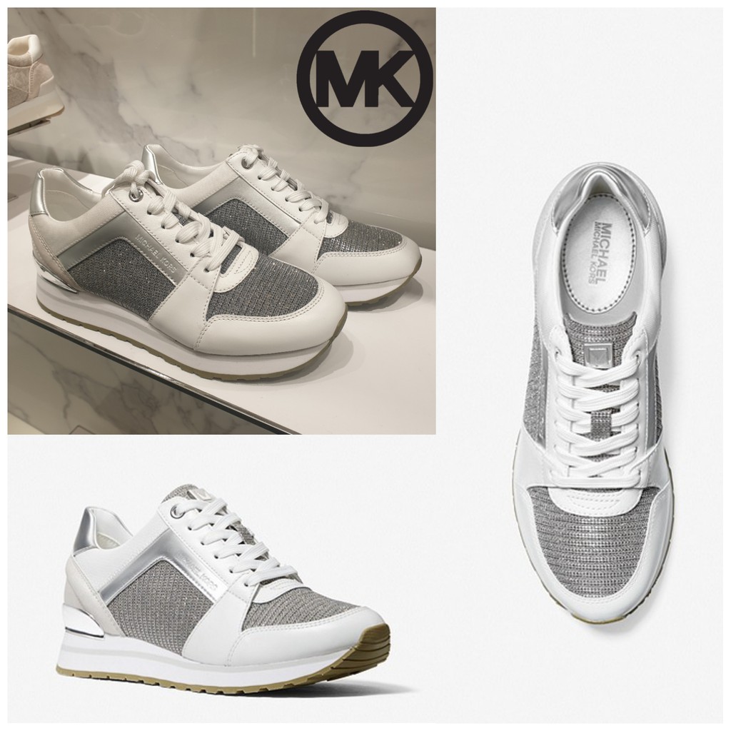 Sepatu Wanita Michael Kors Trainer Original Billie Glitter Chain-Mesh and Leather Trainer Wedges