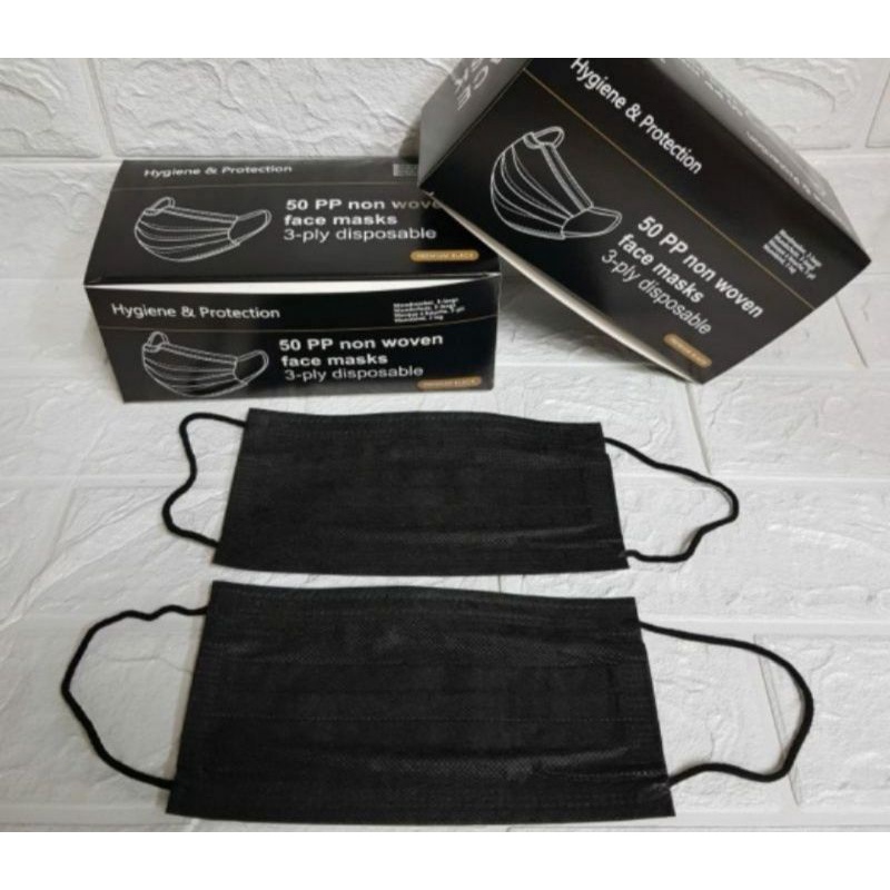 Masker hitam 3 ply murah / masker earloop hitam hygiene isi 50 pcs