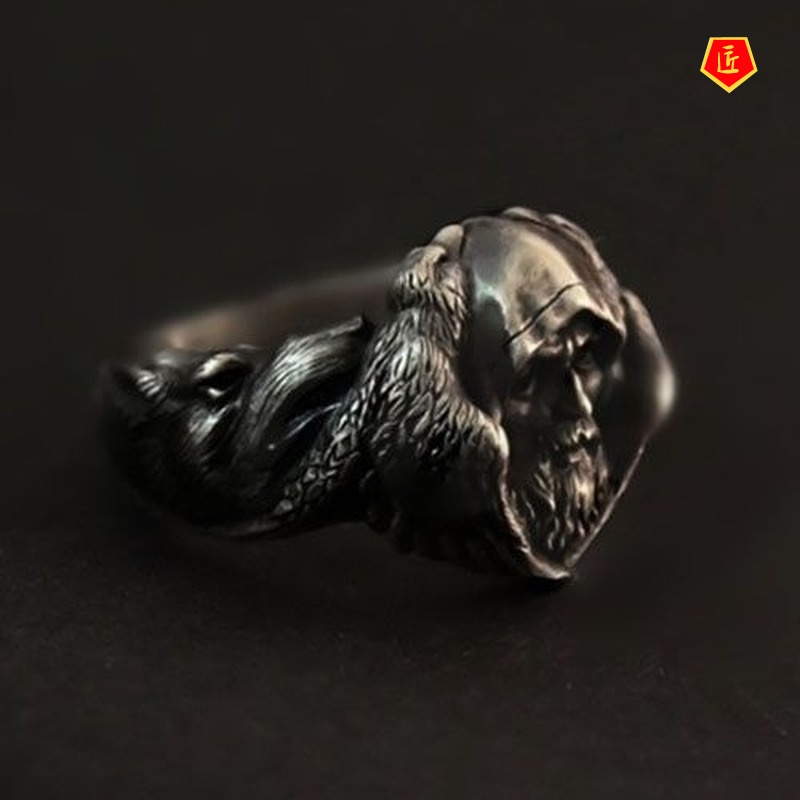 [Ready Stock]Creative Retro Odin God Viking Warrior Silver Black Ring