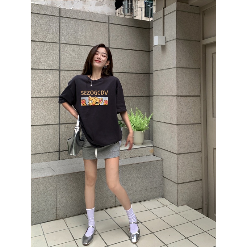 baju oversize wanita korean style cetakan binatang kaos hitam retro