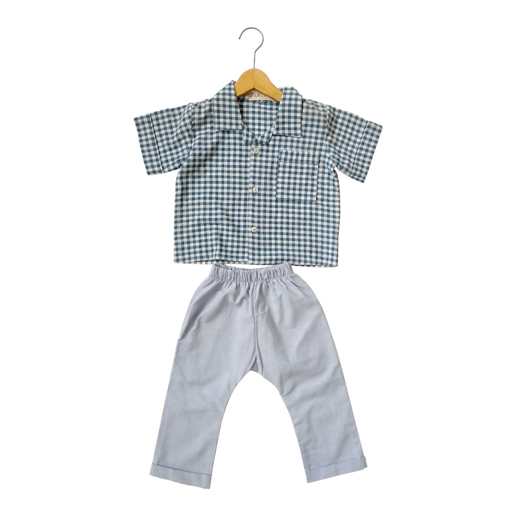 KukuBelo – Alendra Set in Square Blue - Setelan anak kemeja celana kotak biru