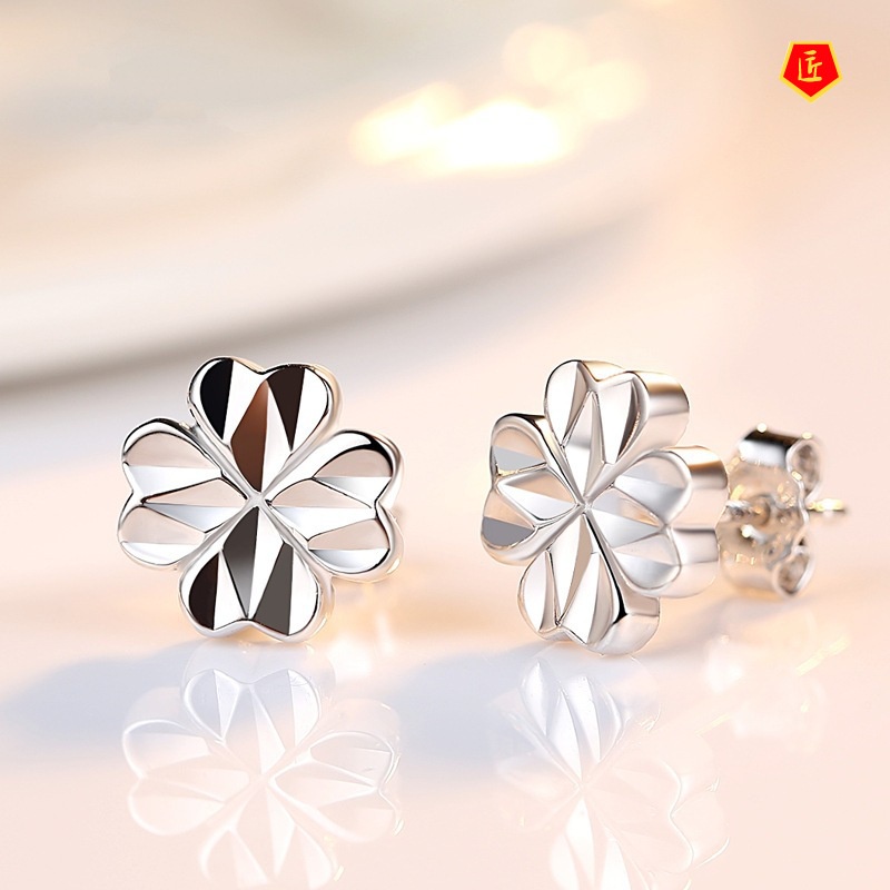 [Ready Stock]Silver Simple Lucky Four Leaf Clover Stud Earrings