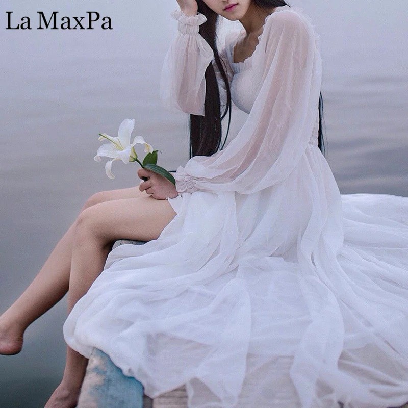 TERLARIS Girls Fairy Chiffon Dress Womens White Dresses Long Lantern Sleeve Fantasy Princess Maxi