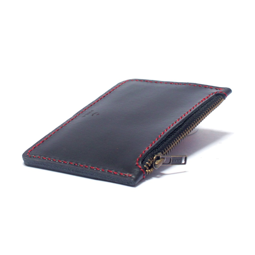 dompet kartu zipper resleting kulit asli hitam merah - PHWL689