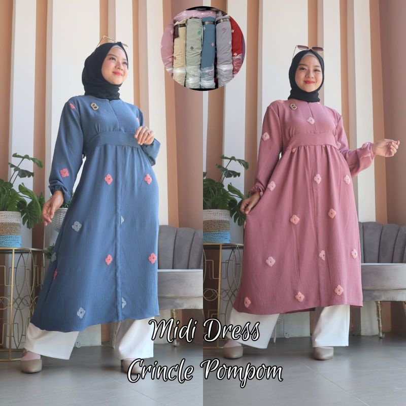 MIDI DRESS CRINKLE POMPOM PREMIUM