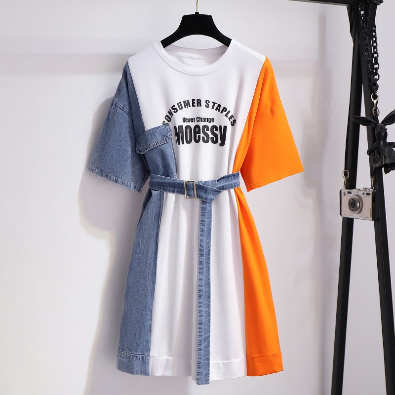 Denim stitched T-shirt dress women's summer 2021 new design sense, small people close the waist and