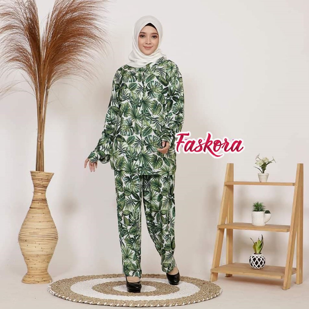 One Set Wanita Busui Panjang Daun Kelapa - Setelan Jumbo Rayon Wanita Kekinian - Pajamas Tiedye Set