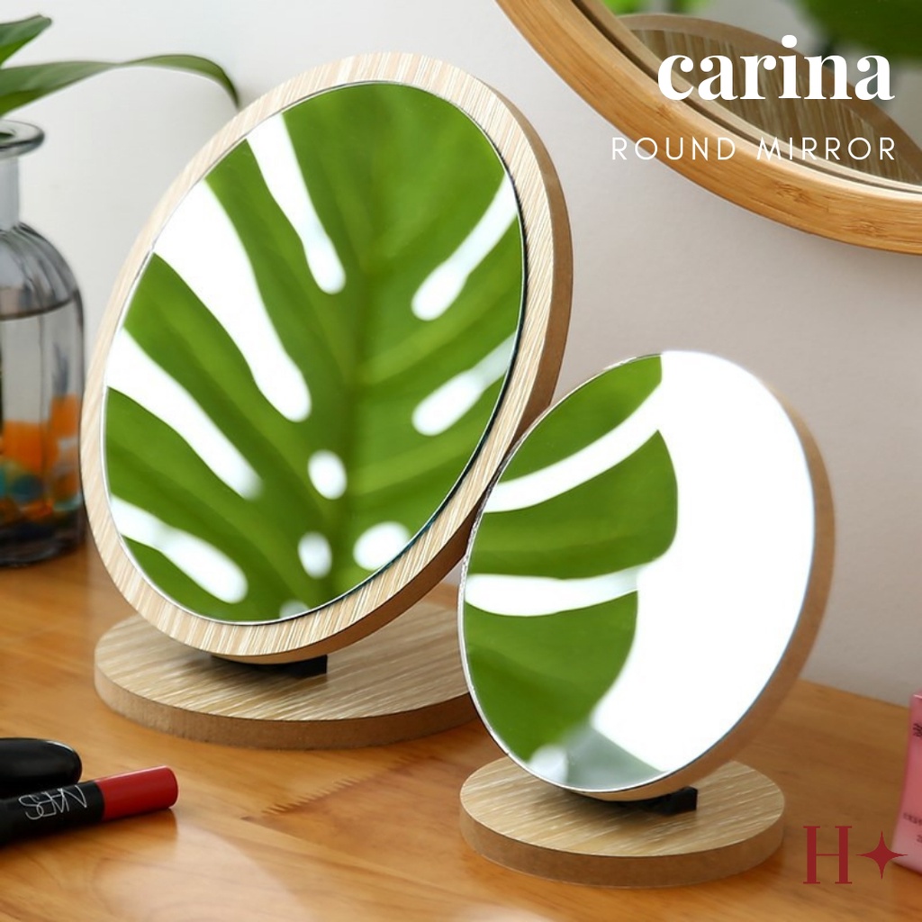 H✦ Carina Cermin Bulat Oval Kayu / Kaca Meja Rias / Cermin Standing Portable