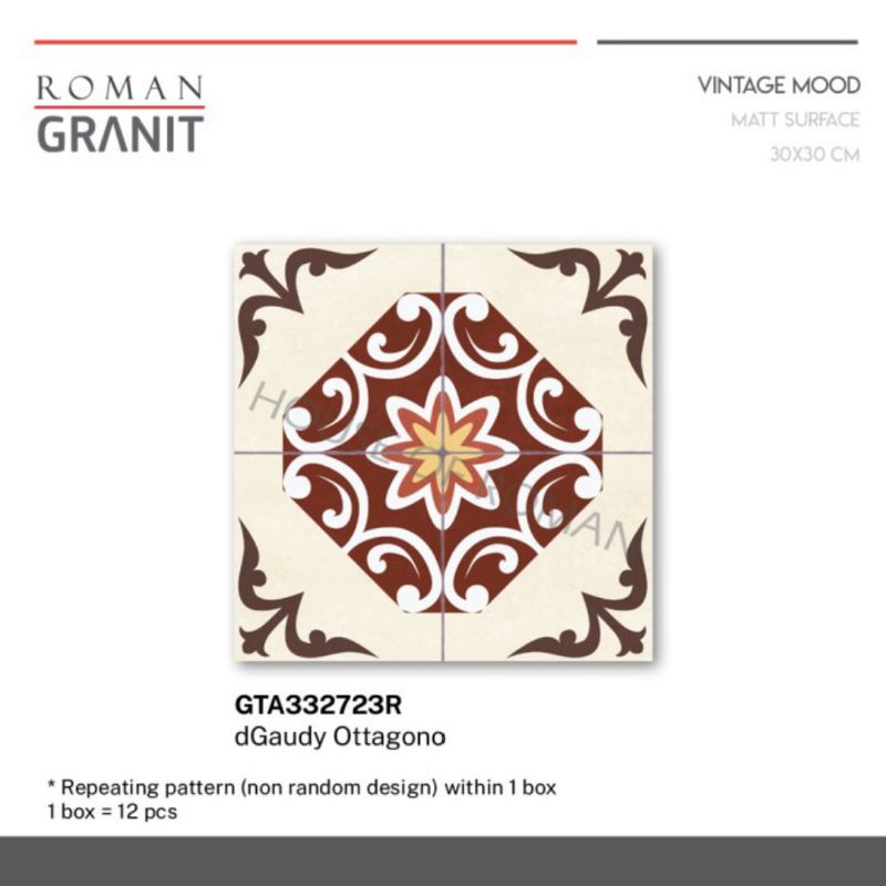 Roman Granit dGaudy Ottagono 30x30 / lantai vintage / lantaimaroon / lantai vintage / keramik maroon / keramik jadul / tegel vintage / tegel murah / tegel / granit motif / granit tegel