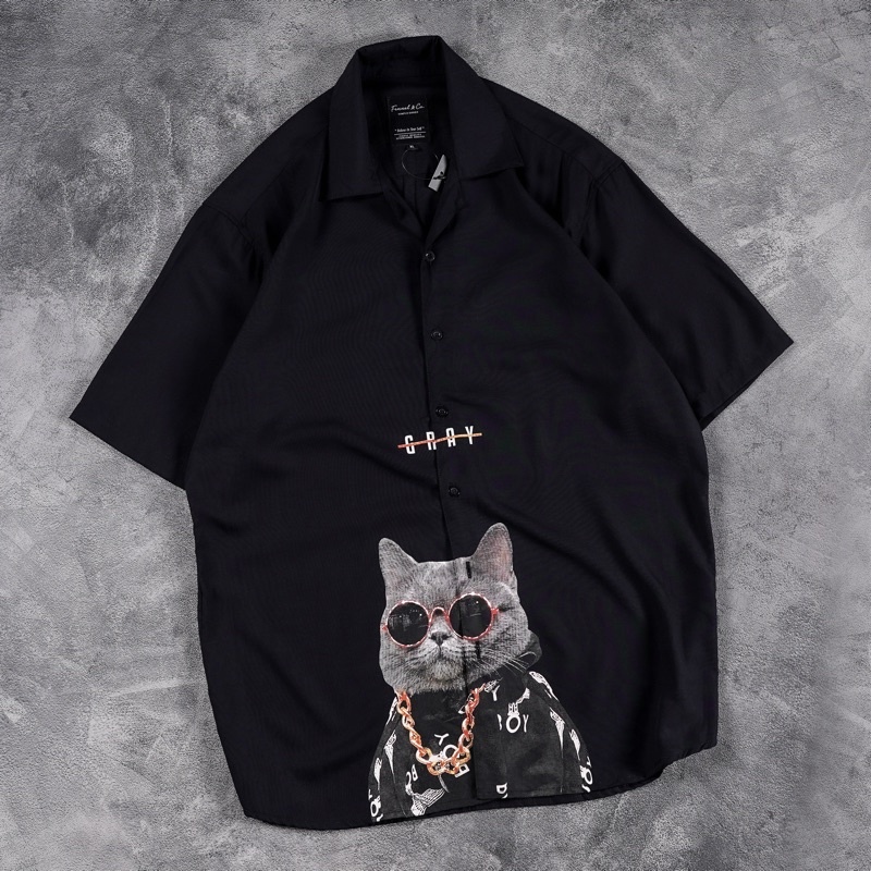 [N00635] Kemeja Distro Full Print Motif Cat GRAY