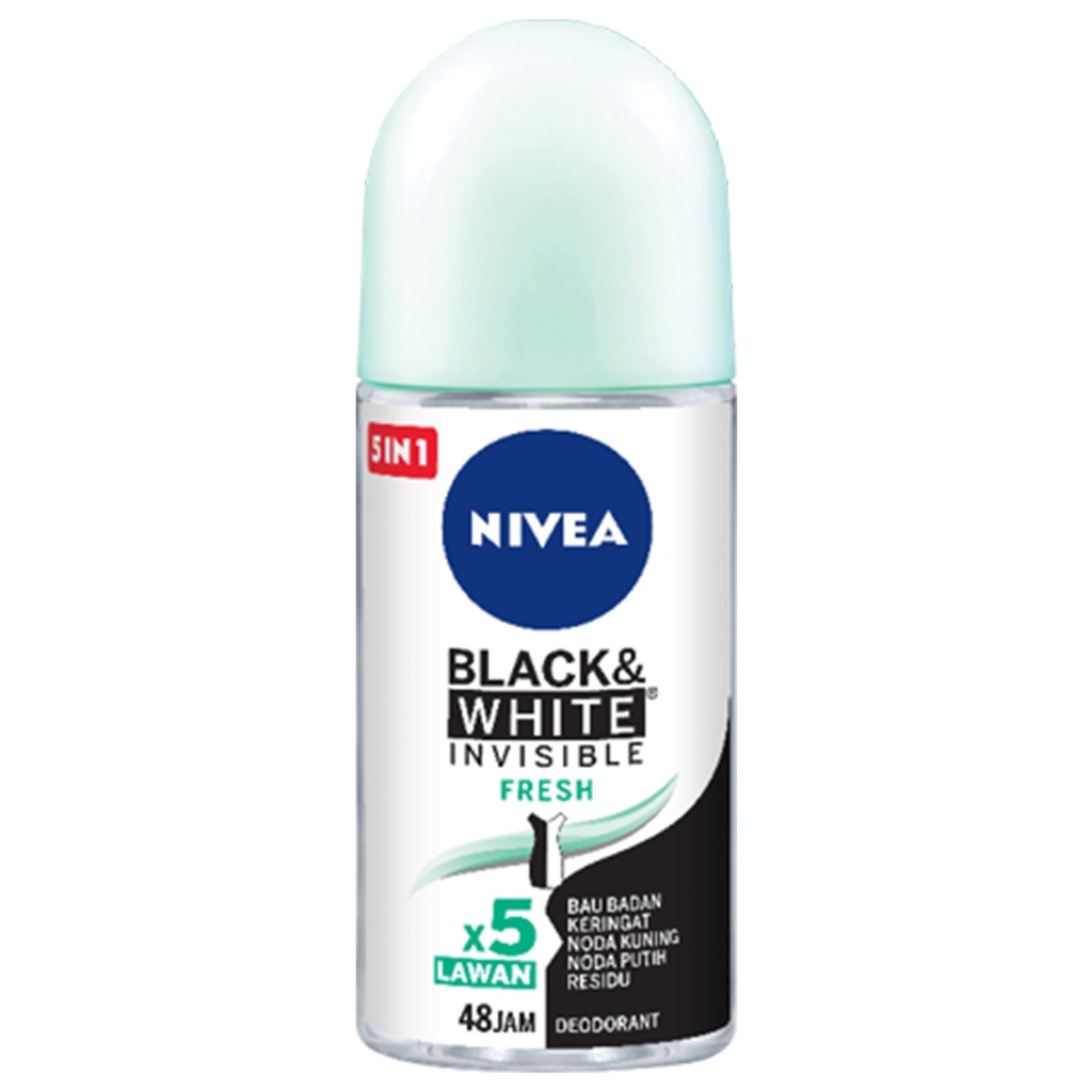 NIVEA Deodorant Roll On Black &amp; White Invisible Fresh 50ml - Cegah noda kuning, Segar sepanjang hari