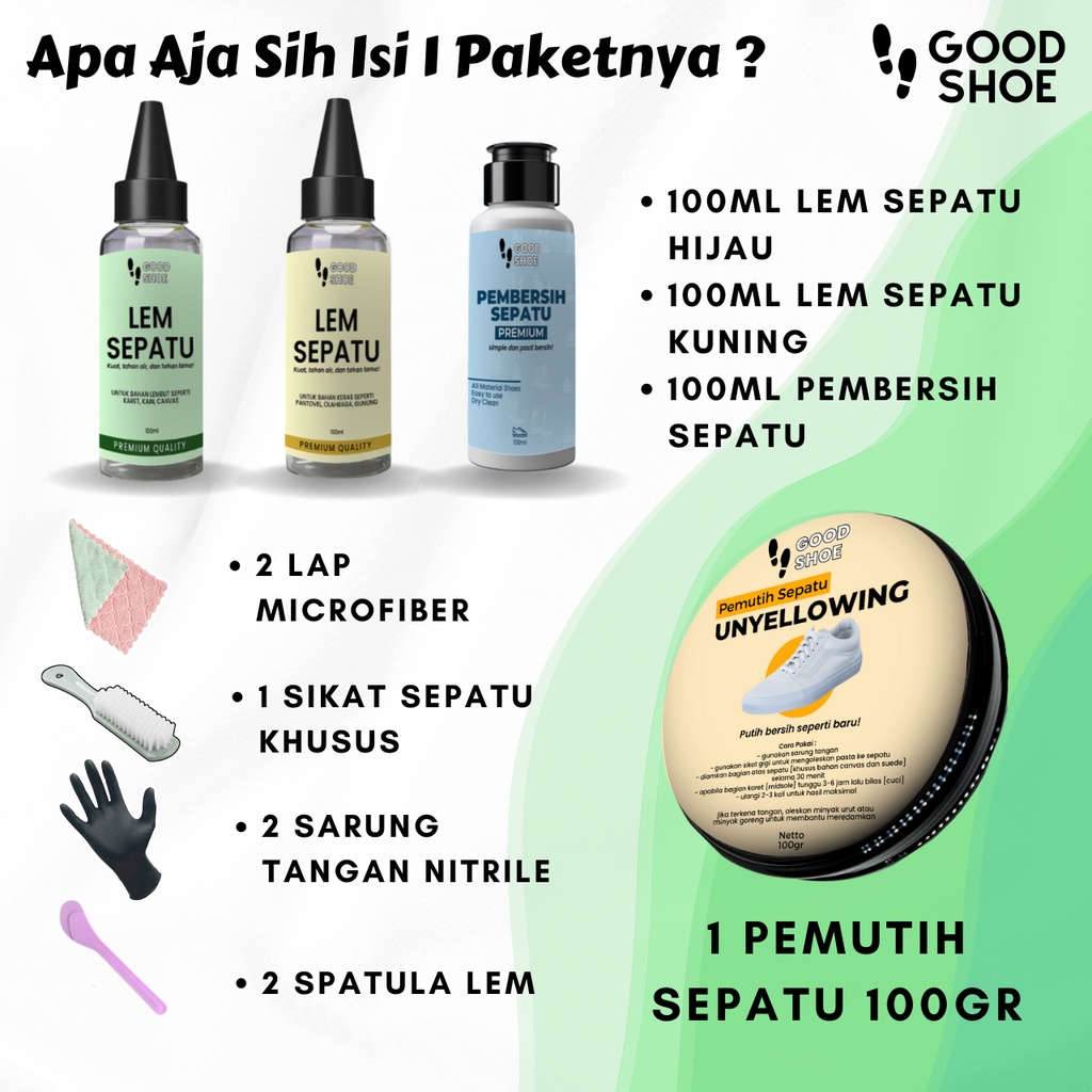 Good Shoe Paket Keren Banget Whitening Unyellowing Sepatu Dan Premium Shoe Cleaner Lem Sepatu Super Kuat Kuning Hijau Pembersih Sepatu Dan Pemutih Sepatu Premium Penghilang Noda Kuning Sepatu Canvas Kanvas Suede Futsal Bola Sneaker