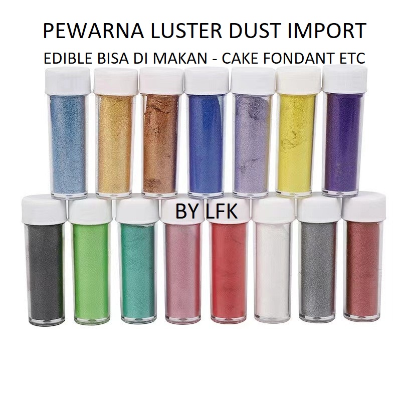 

IMPORT EDIBLE LUSTER Lustre DUST FOOD GRADE EMAS GOLD SILVER PERAK pelarut cake atau minuman WARNA WARNI RAINBOW MIX POWDER DUST PERAK EDIBLE COKLAT ALAT DEKORASI KUE LUSTER MERAH UNGU BIRU HIJAU HITAM PINK IMPORT GLITTER SHINE CAKE ULTAH WEDDING MURAH