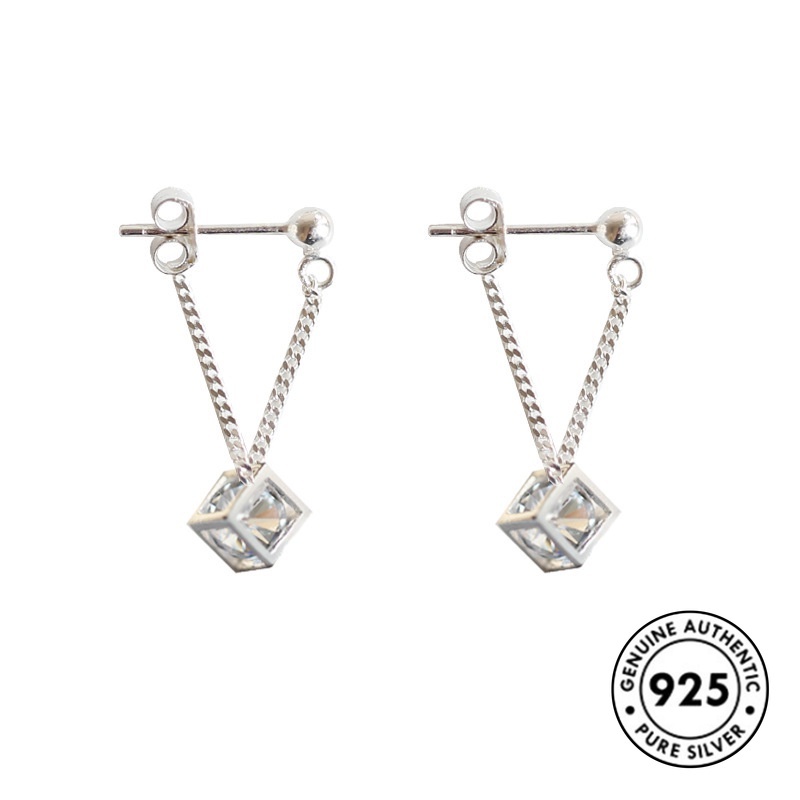 Anting Tusuk Sterling Silver 925 Desain Kubus Hollow Hias Berlian Imitasi Untuk Wanita
