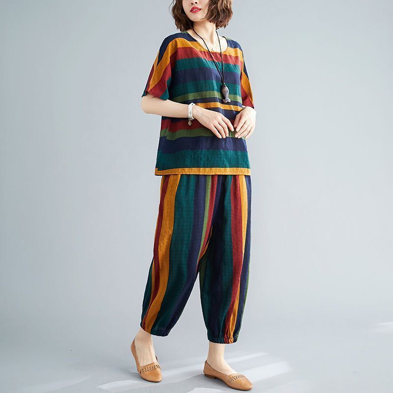 Stok bersih!L-5XL Setelan Wanita One Set Baju Kaos Dan Celana Longgar Bergaris Rainbow Blus Lengan Pendek + Celana Stelan Kasual