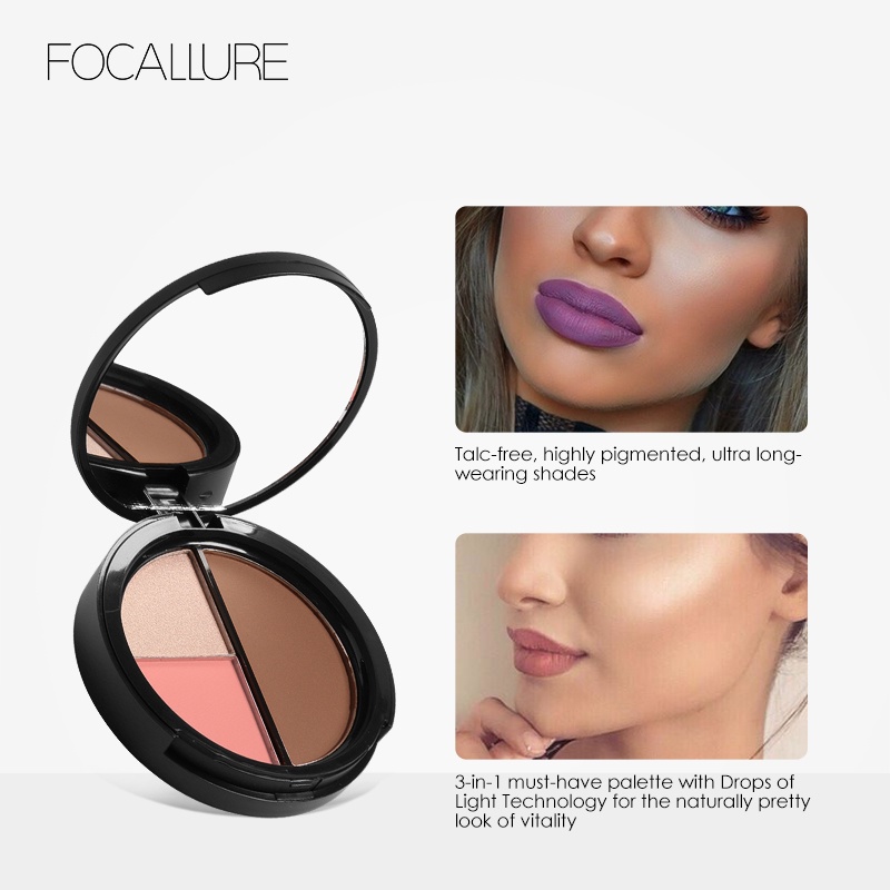 FOCALLURE Trio Blush/Highlighter/Contour/ Makeup Palette 3 Colors (100% Original, BPOM Certified)