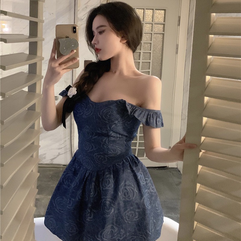 korean style dress tea break dress denim girl rose dress high waist v neck off shoulder gaun lengan