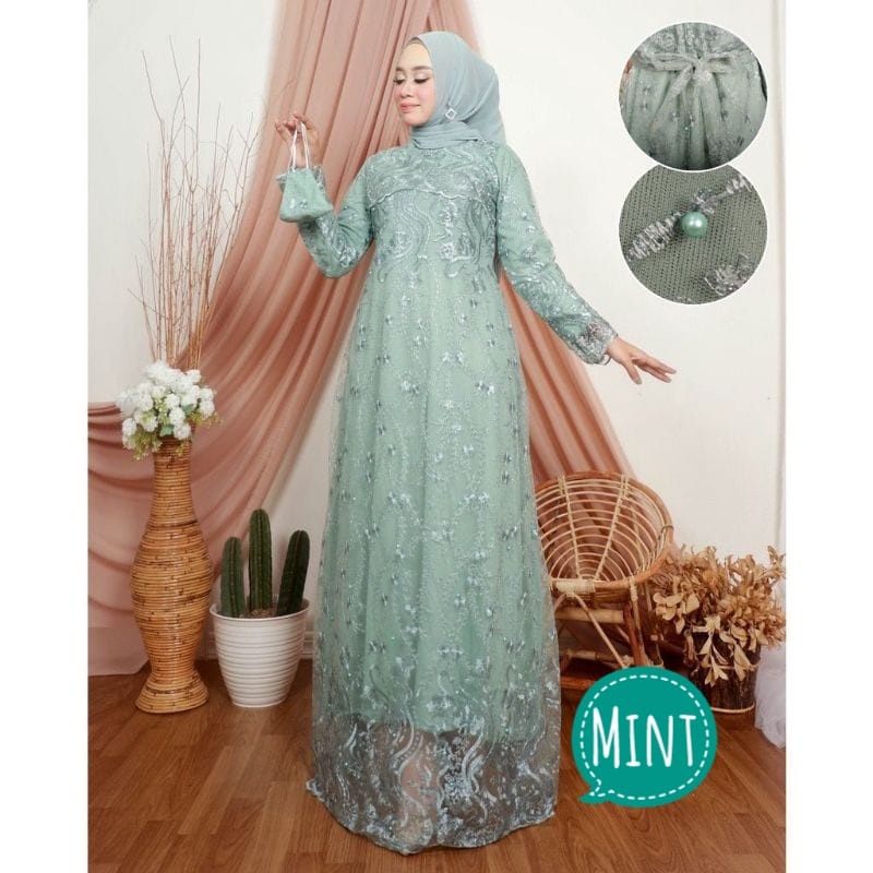 BJ - Maxi VInola Bahan Brukat Tile Mutiara - Gamis Wanita Dress Pesta. Fashion Muslim