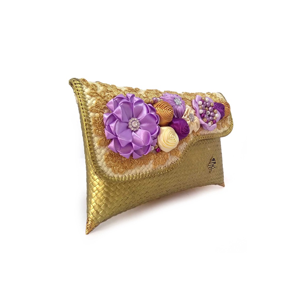 Putra Sukapura Clutch Pesta Cantik Party Clutch Anyaman Gold Purple Dompet Wanita