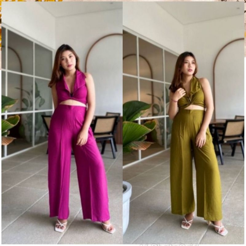 ( Free scrunchie ) One Set Amora motif Polos/ crop top ikat + kulot/ setelan rayon/ baju bali/best s