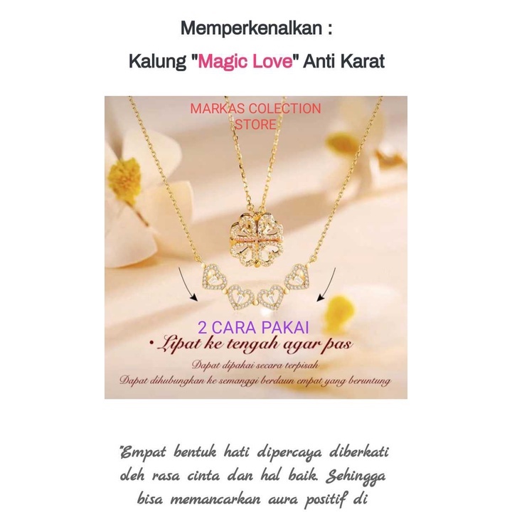 Kalung Titanium Asli Korea Semanggi Empat daun Hati Emas 18k Berlian 2 Cara Memakai Perhiasan Anti karat tidak mudah luntur