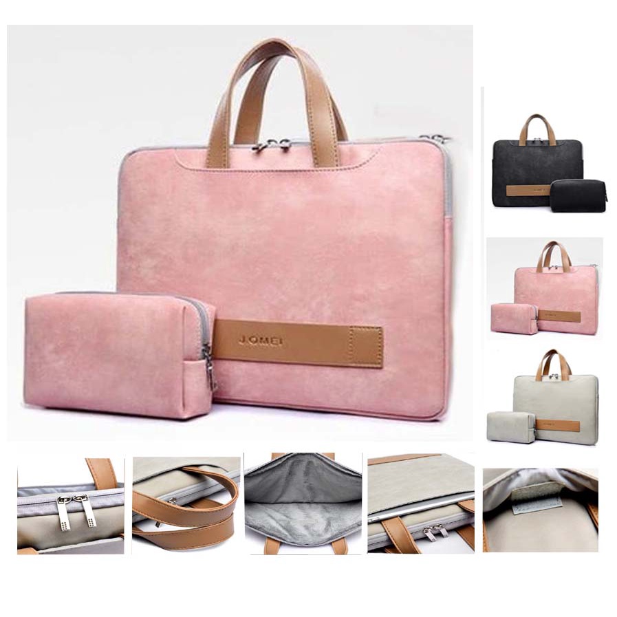 Tas Laptop Macbook J.QMEI PU leather with free pouch 15 - 16 inch pink