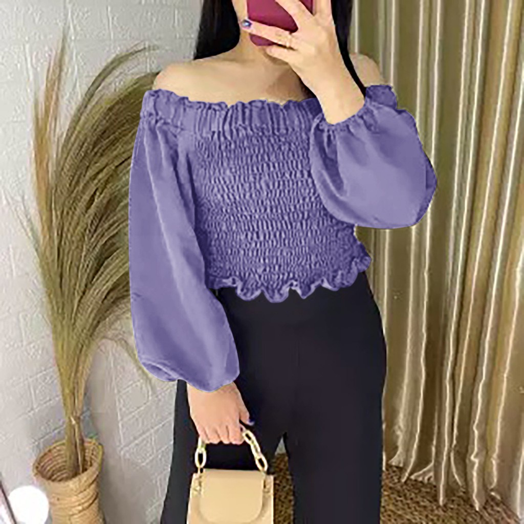 WSE390 - Blouse Smoke Bubble Blus Atasan Wanita Model Smok Kerut Full Satu Badan Moscrepe PREMIUM UK L-XL LD 100-105 CM PJ 50 CM PREMIUM QUALITY