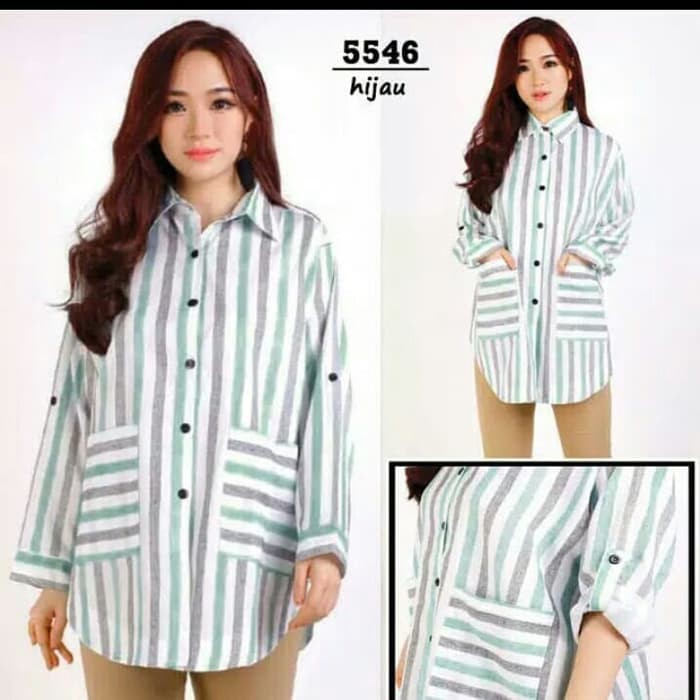 Baju atasan wanita kemeja wanita jumbo size motif garis