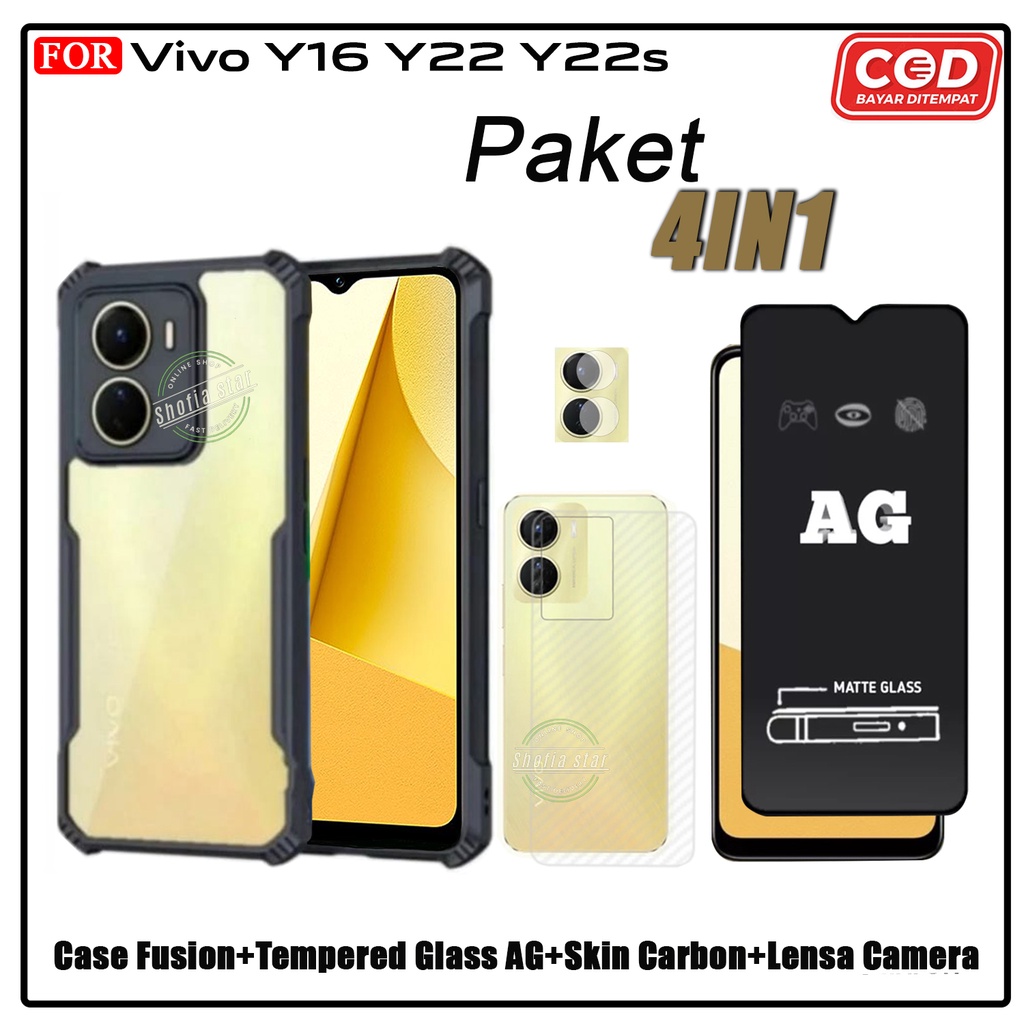 PAKET 4IN1 Case Vivo Y16 Y22 Y22s Y91 Y93 Y95 Softcase Fusion Shockproof Transparan Premium Protect Casing