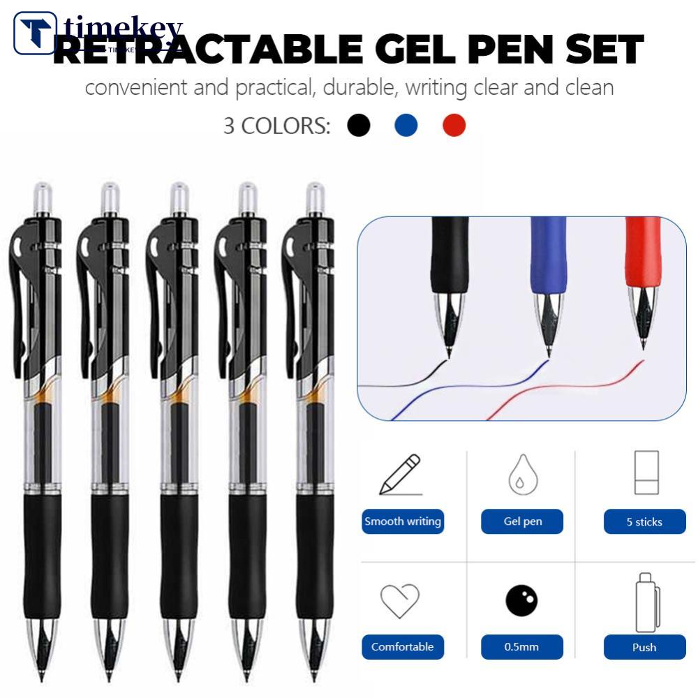 Timekey 5pcs / set Pulpen Gel 0.5mm Retractable Warna Hitam / Biru / Merah Kapasitas Besar Untuk Sekolah / Kantor B9W4