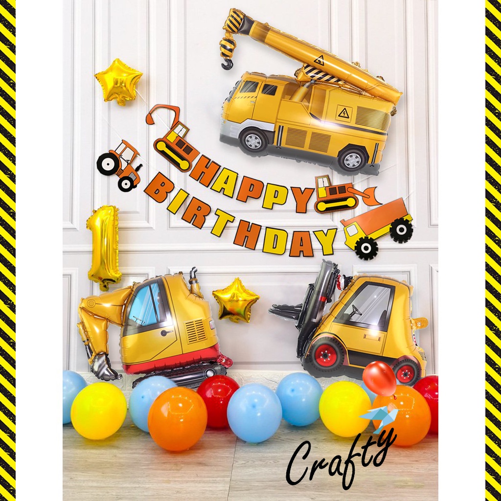 [PAKET] Set Ulangtahun Anak SIMPLE BANNER CONSTRUCTION Dekorasi Balon Hiasan Pesta