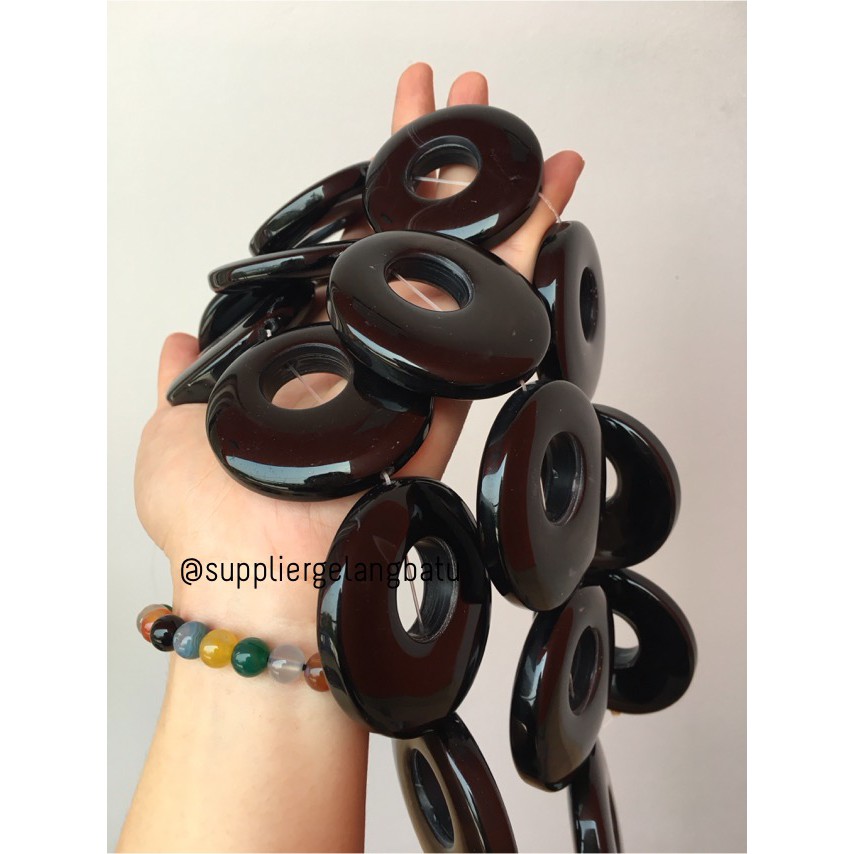 Batu alam cincin donat ONYX HITAM 6 x 6cm kalung liontin bandul akik beads aksesoris fashion grosir