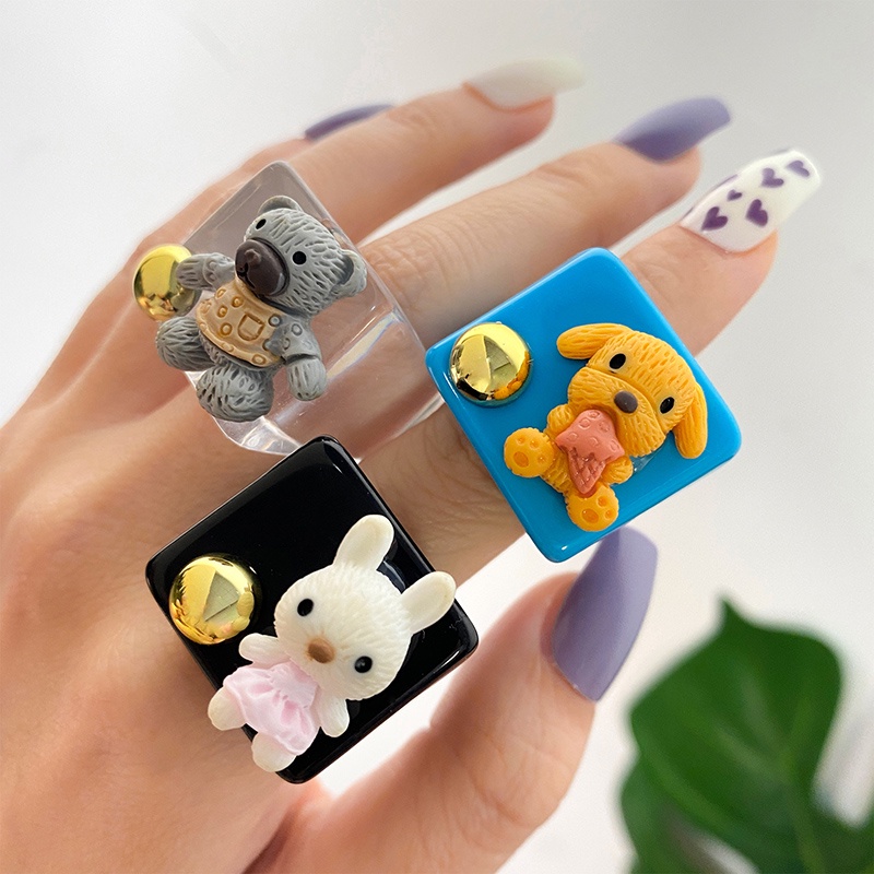 Cincin Bentuk Kartun Hewan Beruang Bahan Resin