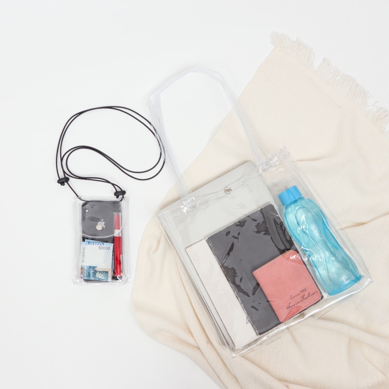 PROMO BUNDLE TOTEBAG CLEAR TOTE BAG TRANSPARAN + DOMPET HP GANTUNGAN HP TALI LEHER