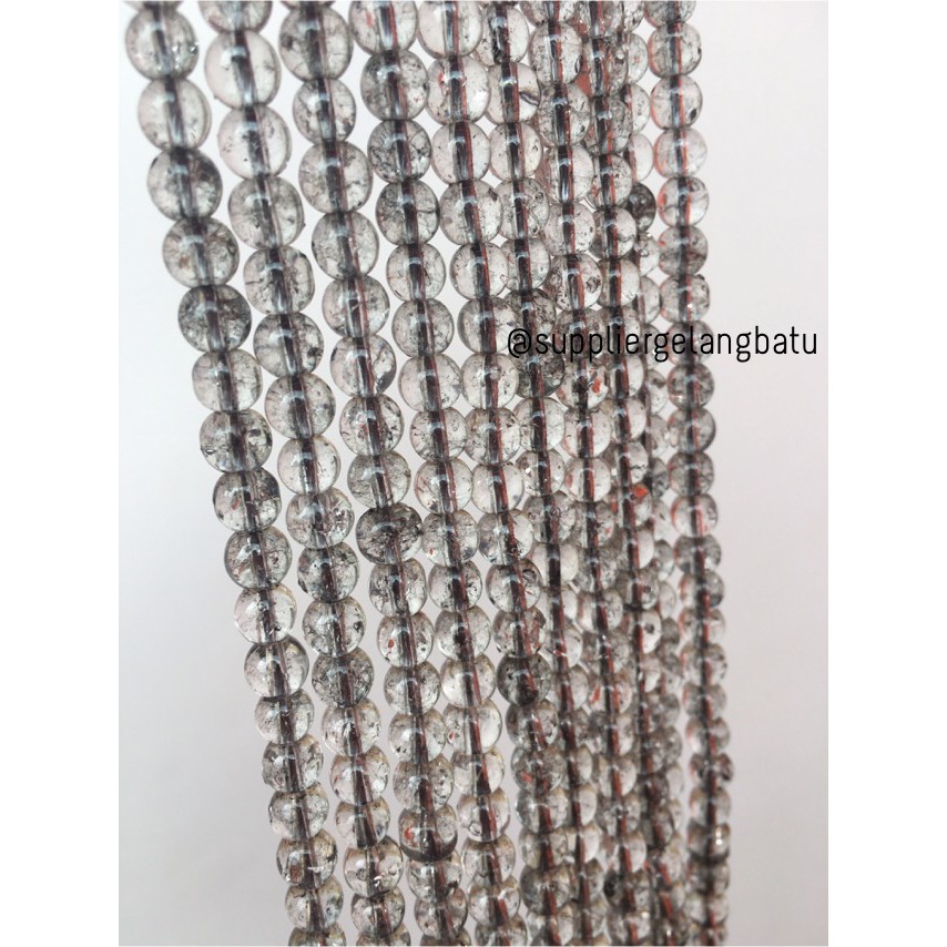 Semi Stone Rutilated Kuarsa Quartz Bintik 6mm Renceng Gelang Kalung Black Glass Bead Grey Rencengan