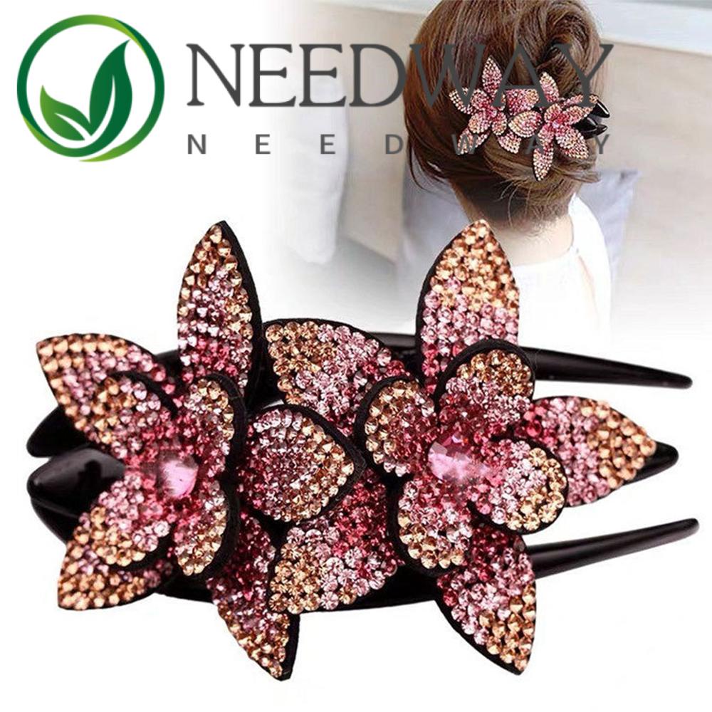 Needway  Crystal Large Size Headwear Rhinestone Double Flower Crystal Hair Clip