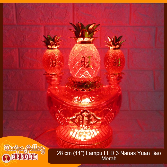 Lampu Sembahyang Altar LED Merah 3 Nanas + Yuan Bao 28cm