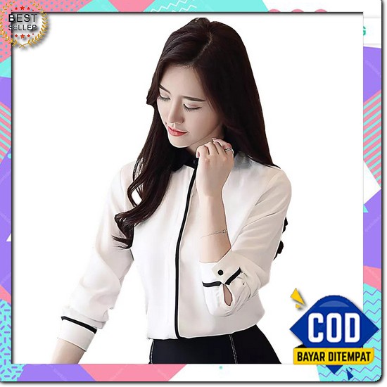Hem Wanita Bigsize Putih Motif Korea Hitam Pakaian A4I8 Kotak Lengan Panjang Murah Katun Baju Kimber