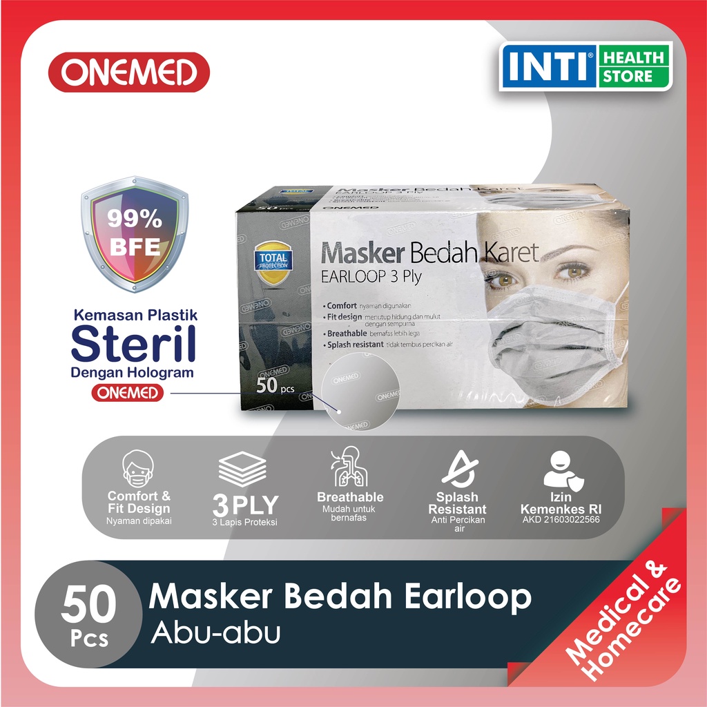 Onemed | Masker 3 Ply Earloop Medis | Earloop Surgical Mask | warna Abu-Abu