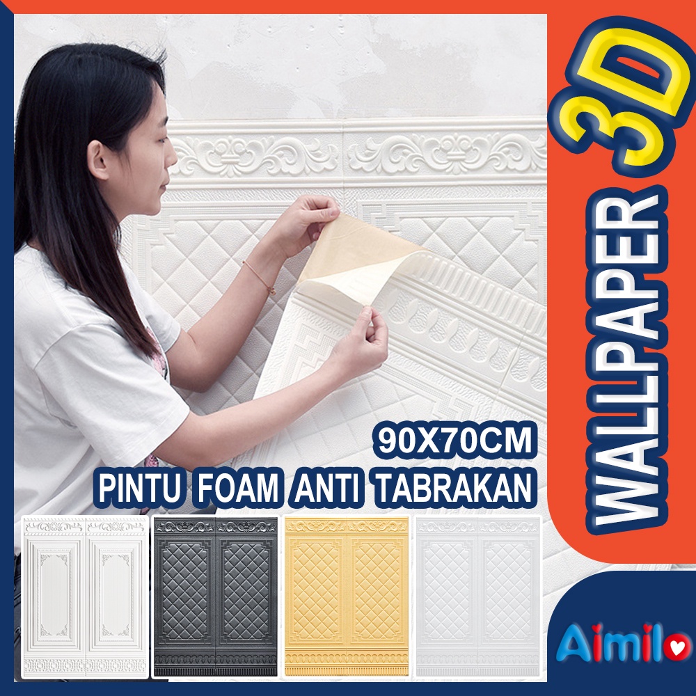 (Aimilo) Wallpaper Foam 3D Motif Jendela Pintu Kayu Jati Putih Kayu Gold Marmer ukuran 70 x 90 CM-8