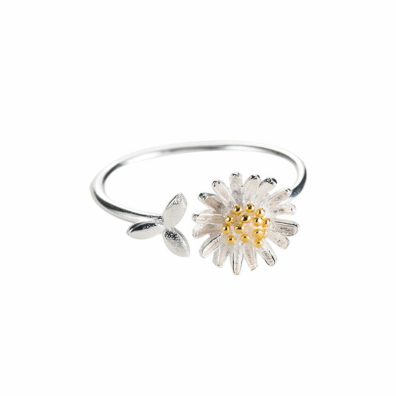 Cincin S925 Silver Gold-plated Model Terbuka Bentuk Daun Daisy Kecil Gaya Korea Untuk Wanita