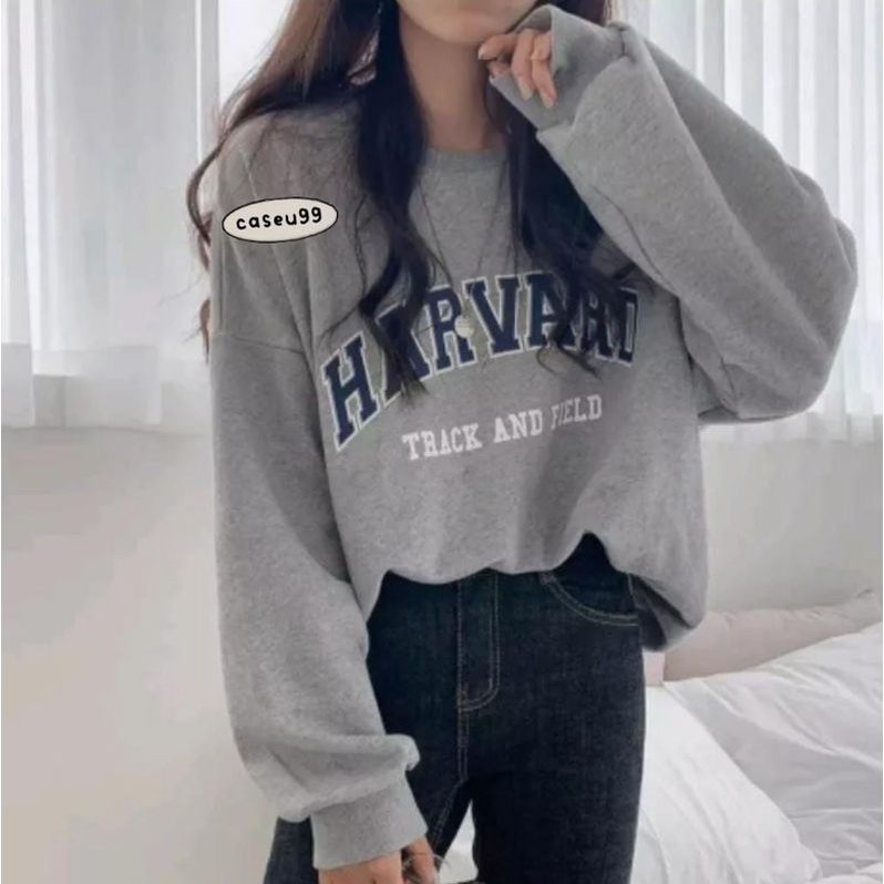 sweater Harvard grey Harajuku// crewneck sweetshirt wanita pria perempuan laki cewe cowo unisex bahan fleece// sweater distro viral// Women Man Sweatshirts Loose Oversize Pullover